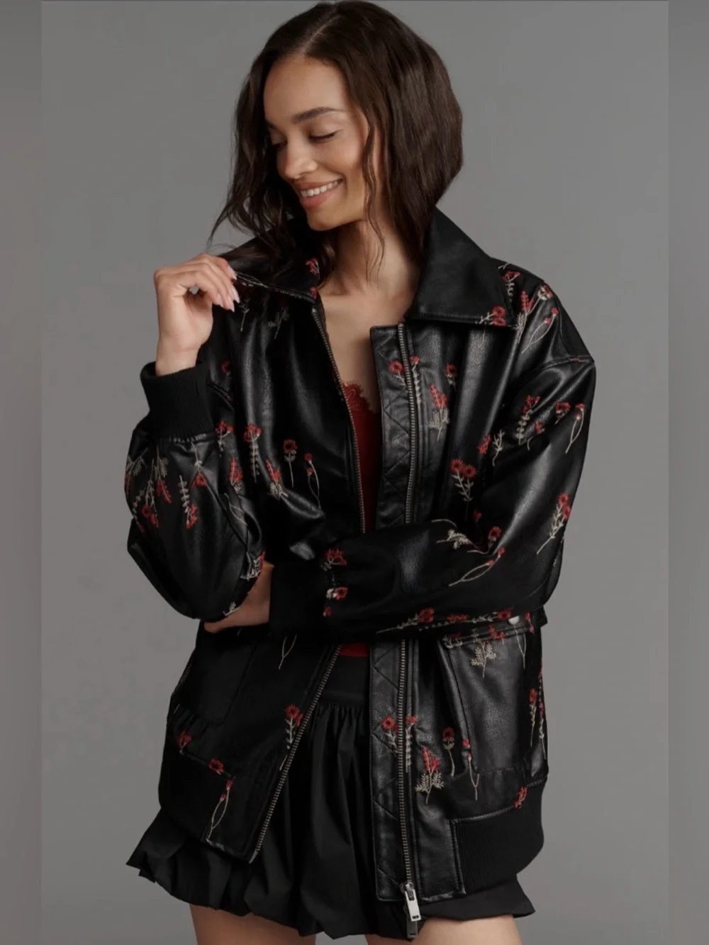 ✨ Anthropologie Faux Leather Floral-Embroidered Bomber Jacket Sz L